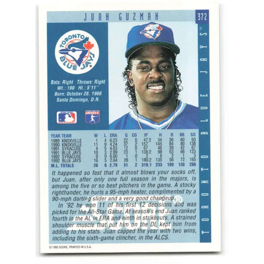 1993 Score #372 Juan Guzman NM-MT Toronto Blue Jays Baseball Card - Baseball Card Single