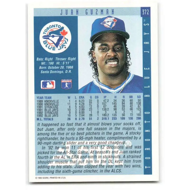 1993 Score #372 Juan Guzman NM-MT Toronto Blue Jays Baseball Card - Baseball Card Single
