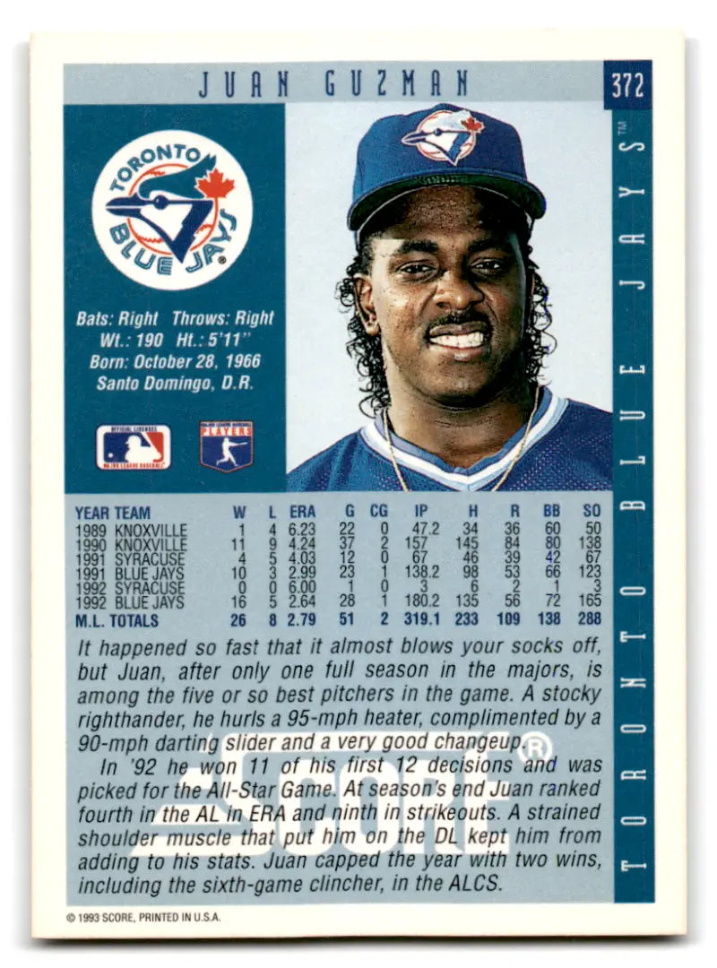 1993 Score #372 Juan Guzman NM Near Mint Blue Jays ID:70102 - Baseball Card Single