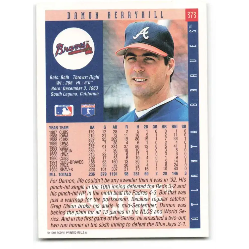 1993 Score #373 Damon Berryhill NM-MT Atlanta Braves Baseball Card - Baseball Card Single