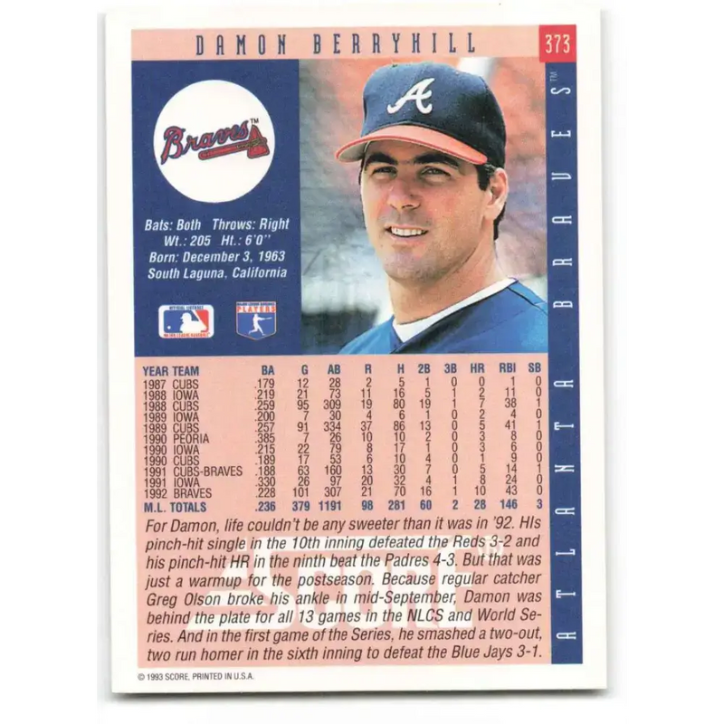 1993 Score #373 Damon Berryhill NM-MT Atlanta Braves Baseball Card - Baseball Card Single