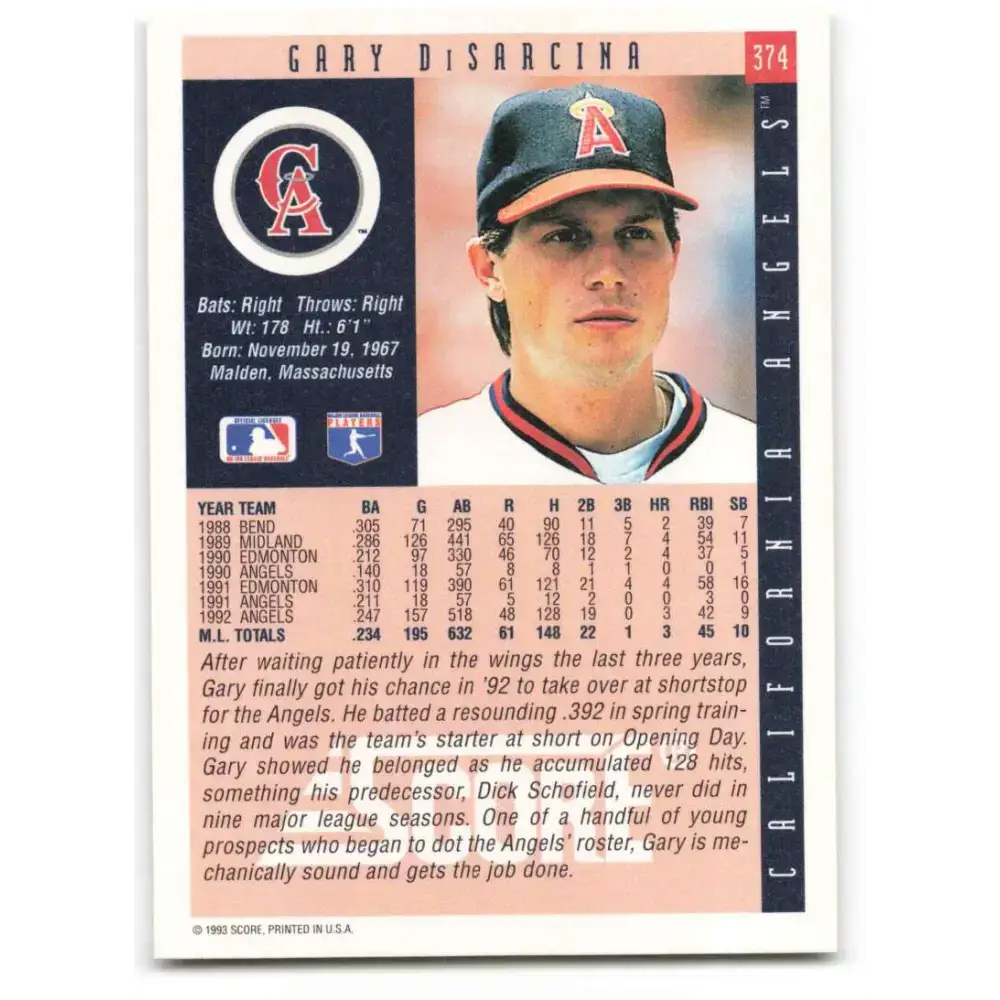 1993 Score #374 Gary DiSarcina NM-MT California Angels Baseball Card - Baseball Card Single