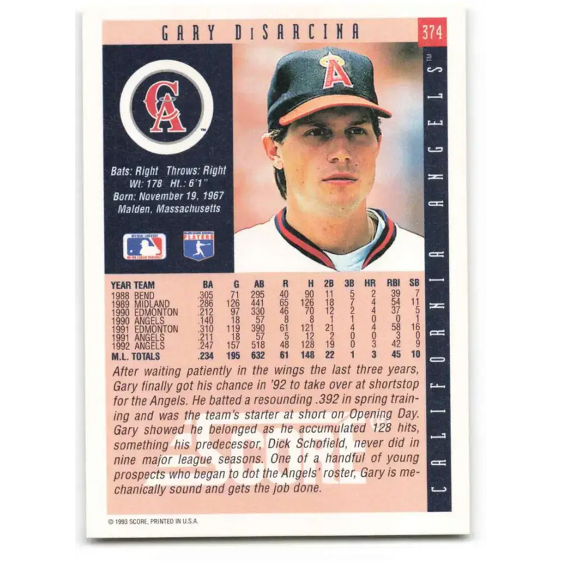 1993 Score #374 Gary DiSarcina NM-MT California Angels Baseball Card - Baseball Card Single