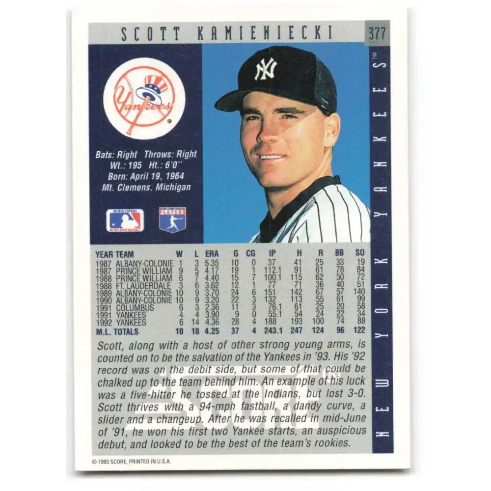 1993 Score #377 Scott Kamieniecki NM-MT New York Yankees Baseball Card - Baseball Card Single