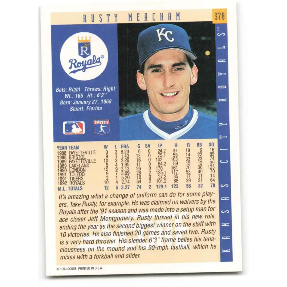 1993 Score #378 Rusty Meacham NM-MT Kansas City Royals Baseball Card - Baseball Card Single