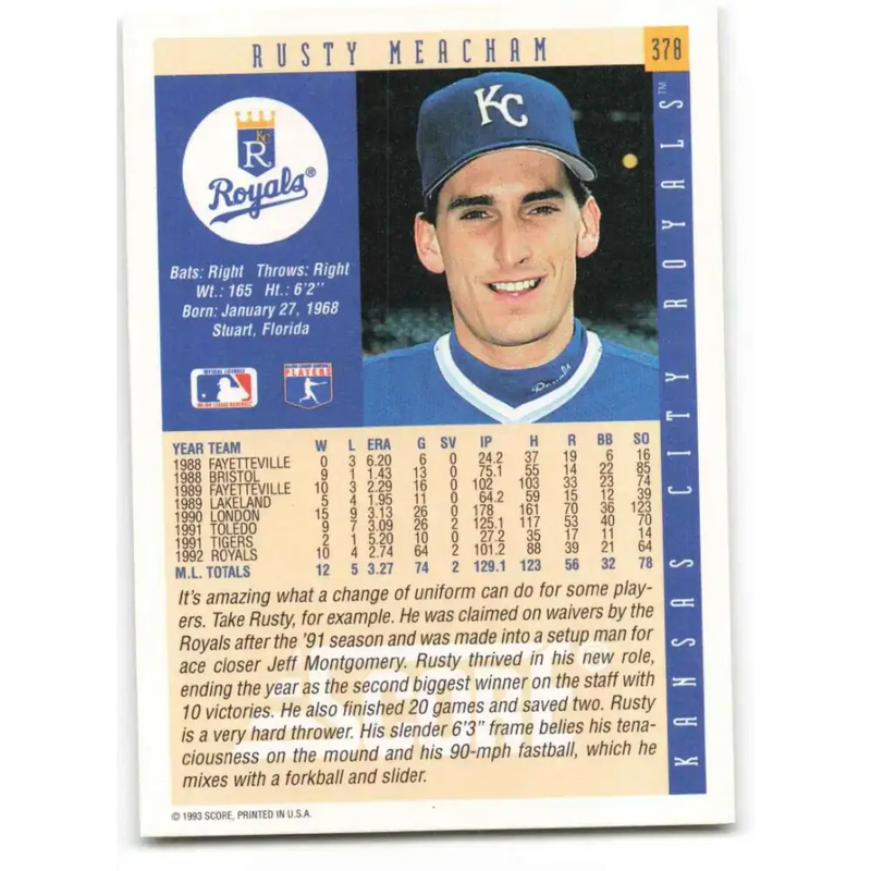 1993 Score #378 Rusty Meacham NM-MT Kansas City Royals Baseball Card - Baseball Card Single