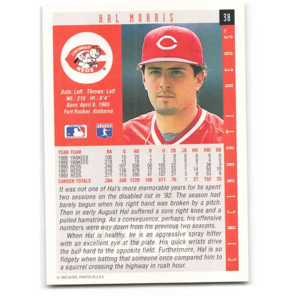 1993 Score #38 Hal Morris NM-MT Cincinnati Reds Baseball Card - Baseball Card Single