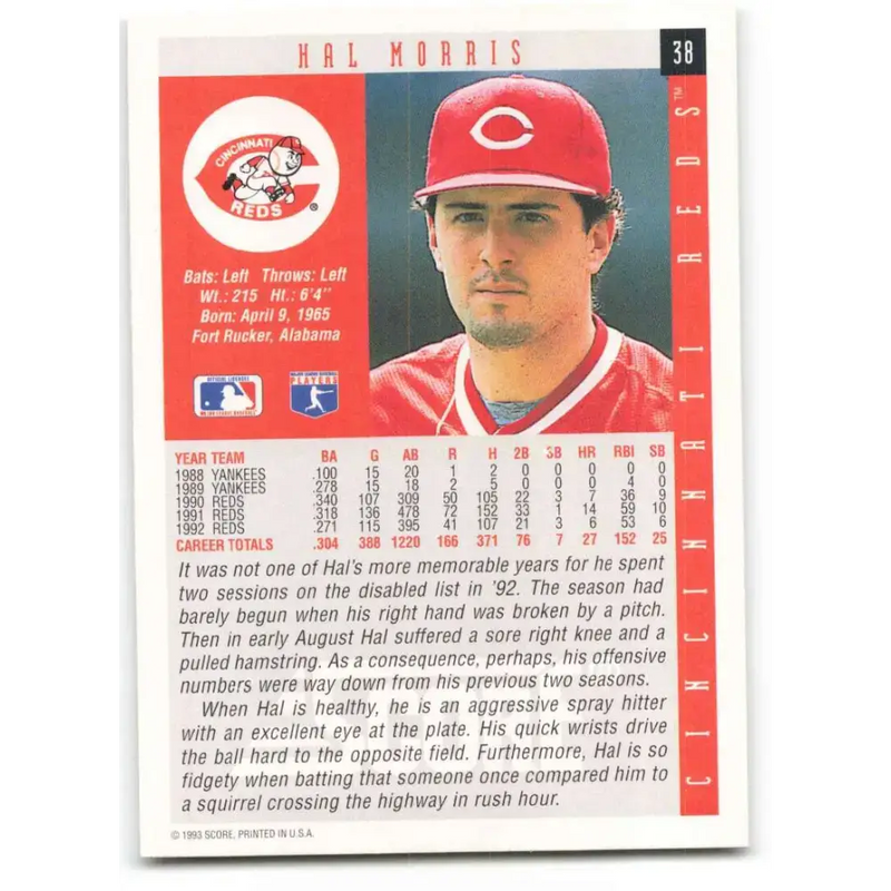 1993 Score #38 Hal Morris NM-MT Cincinnati Reds Baseball Card - Baseball Card Single