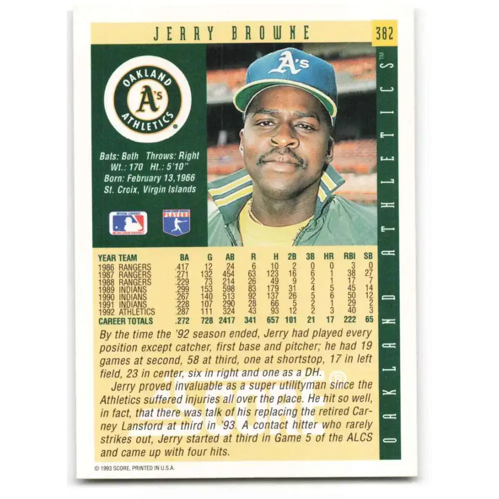 1993 Score #382 Jerry Browne NM-MT Oakland Athletics Baseball Card - Baseball Card Single