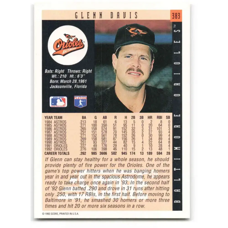 1993 Score #383 Glenn Davis NM-MT Baltimore Orioles Baseball Card - Baseball Card Single
