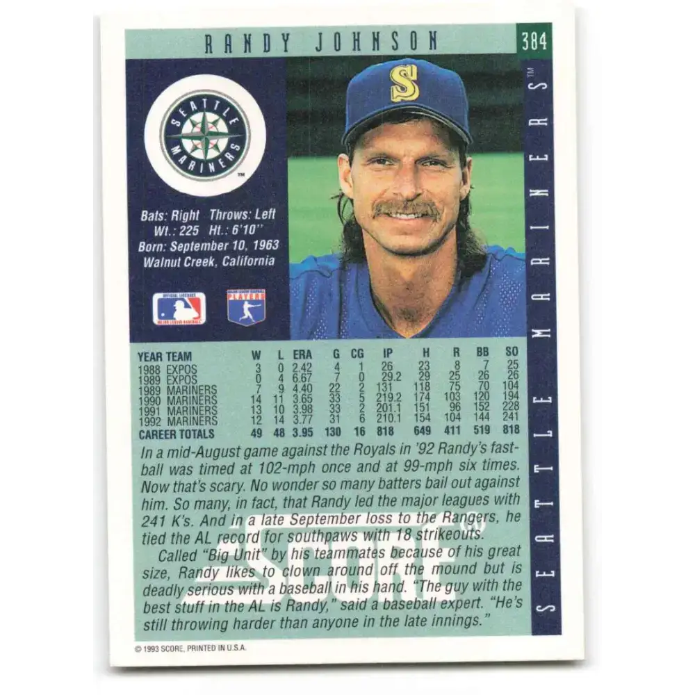 1993 Score #384 Randy Johnson NM-MT Seattle Mariners Baseball Card - Baseball Card Single