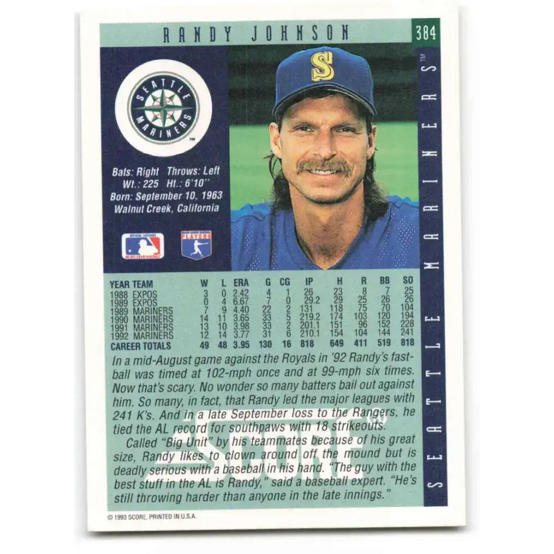 1993 Score #384 Randy Johnson NM-MT Seattle Mariners Baseball Card - Baseball Card Single