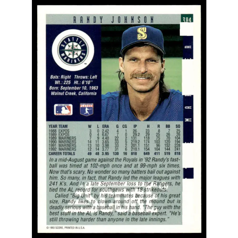 1993 Score #384 Randy Johnson NM-MT Seattle Mariners Baseball Card - Baseball Card Single