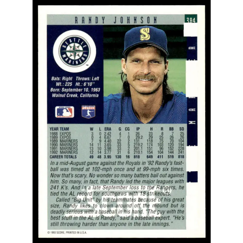 1993 Score #384 Randy Johnson NM-MT Seattle Mariners Baseball Card - Baseball Card Single