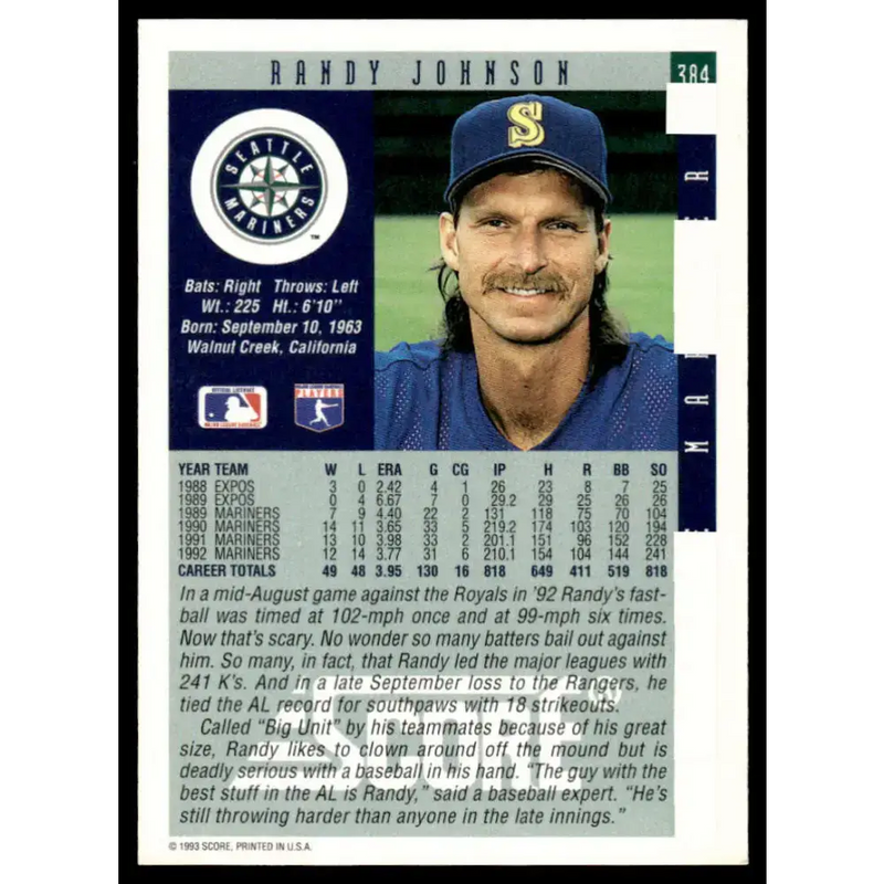 1993 Score #384 Randy Johnson NM-MT Seattle Mariners Baseball Card - Baseball Card Single
