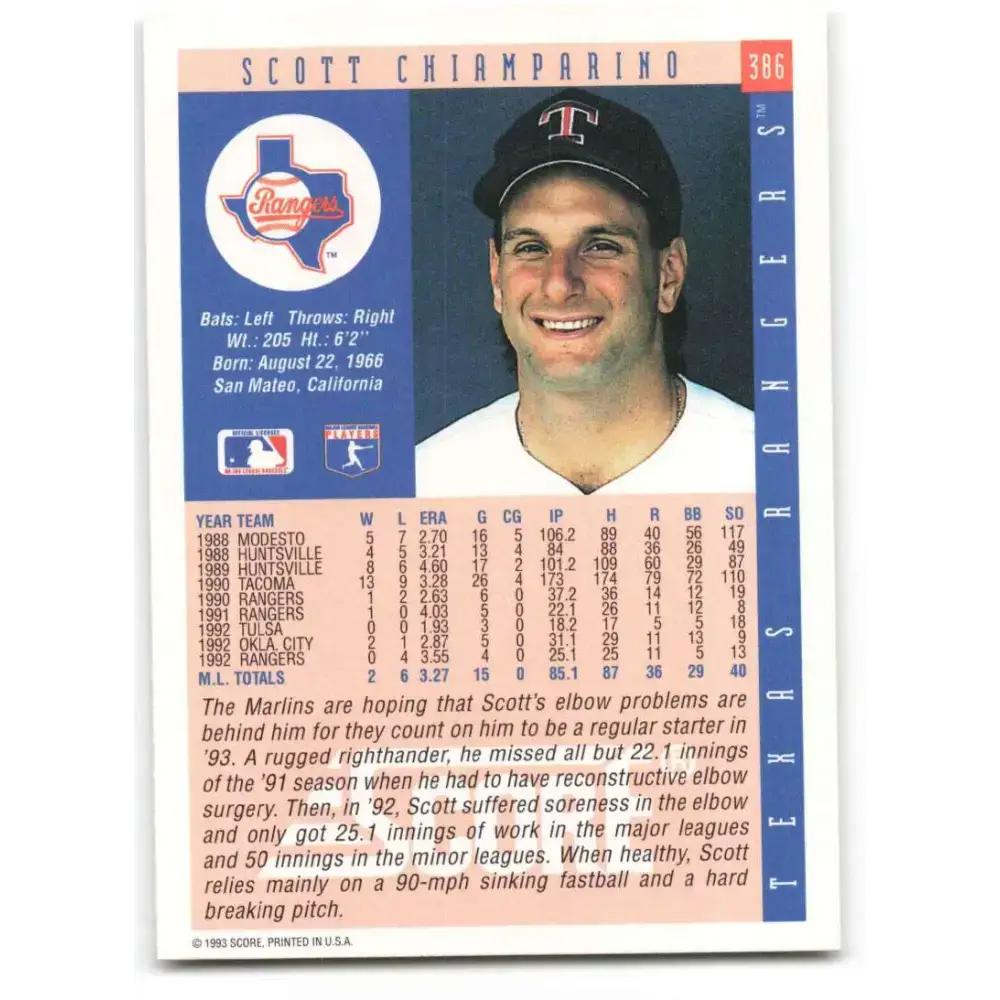1993 Score #386 Scott Chiamparino NM-MT Texas Rangers Baseball Card - Baseball Card Single