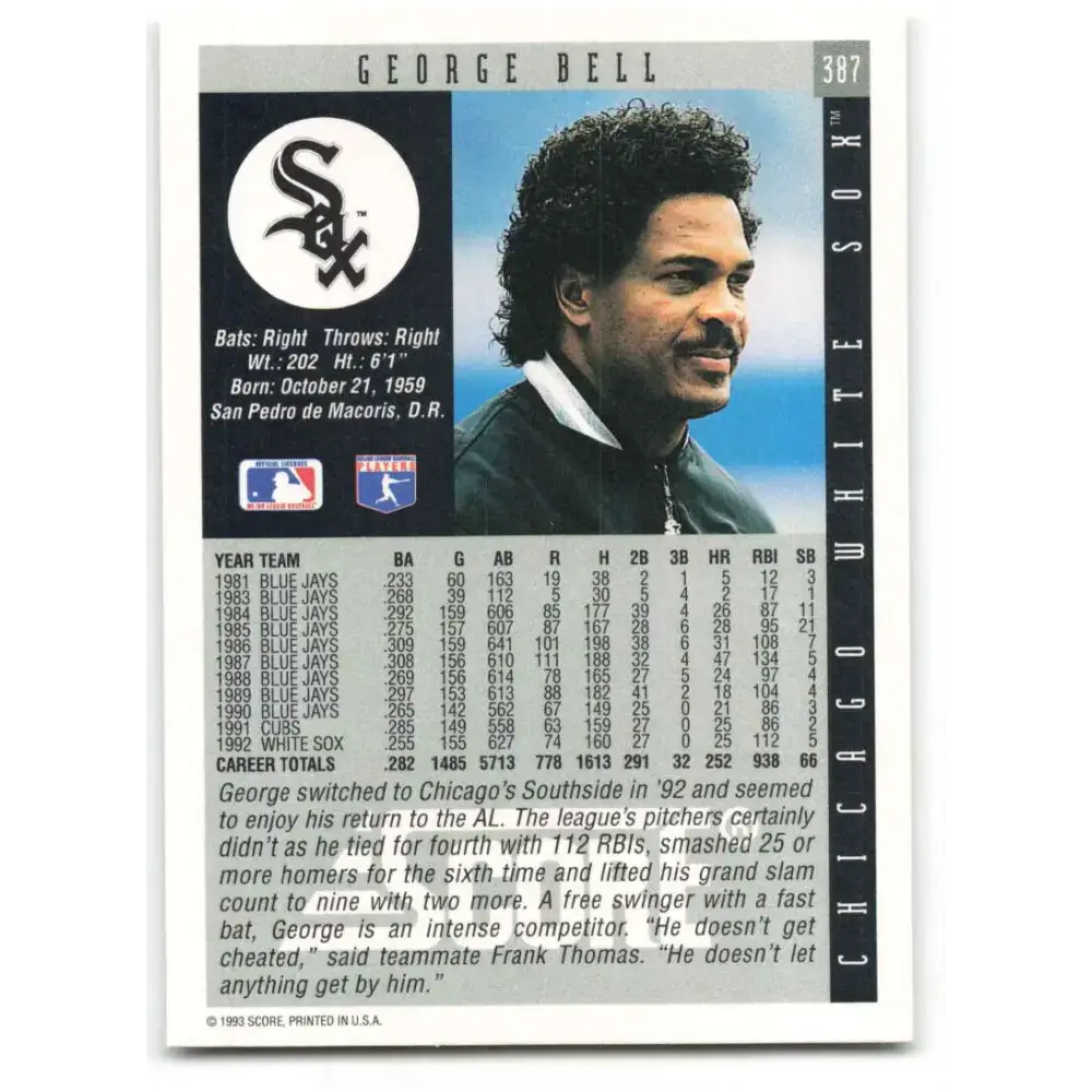1993 Score #387 George Bell NM-MT Chicago White Sox Baseball Card - Baseball Card Single