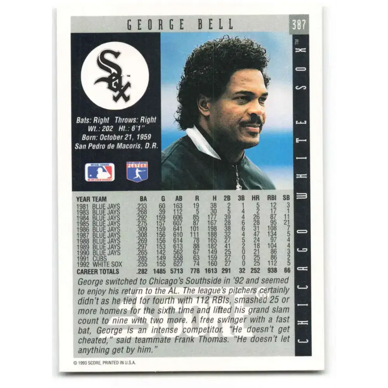 1993 Score #387 George Bell NM-MT Chicago White Sox Baseball Card - Baseball Card Single