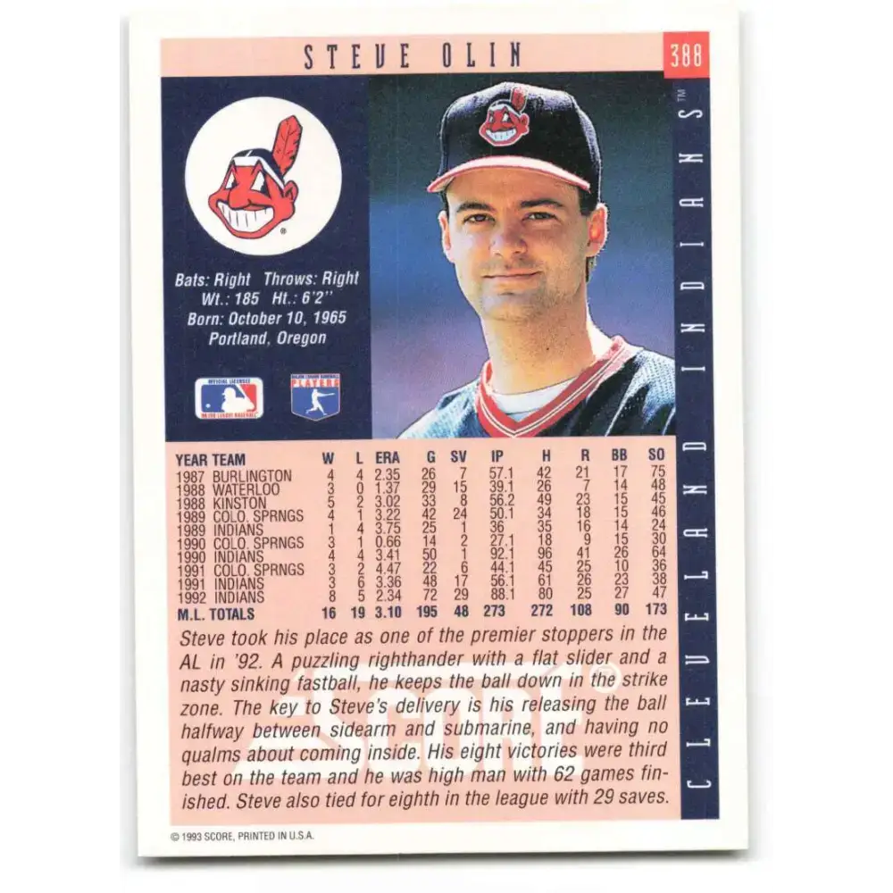 1993 Score #388 Steve Olin NM-MT Cleveland Indians Baseball Card - Baseball Card Single