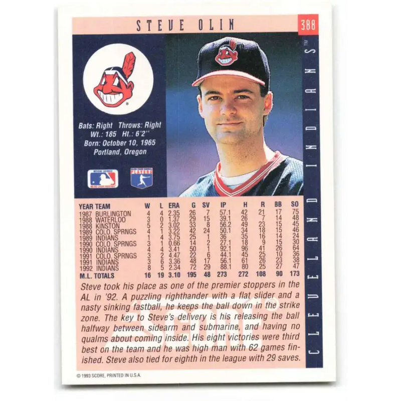 1993 Score #388 Steve Olin NM-MT Cleveland Indians Baseball Card - Baseball Card Single