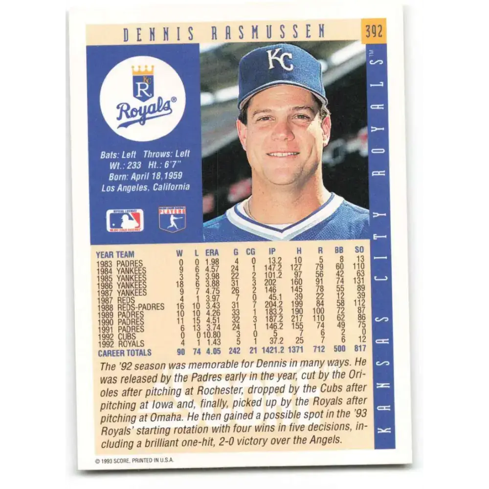 1993 Score #392 Dennis Rasmussen NM-MT Kansas City Royals Baseball Card - Baseball Card Single