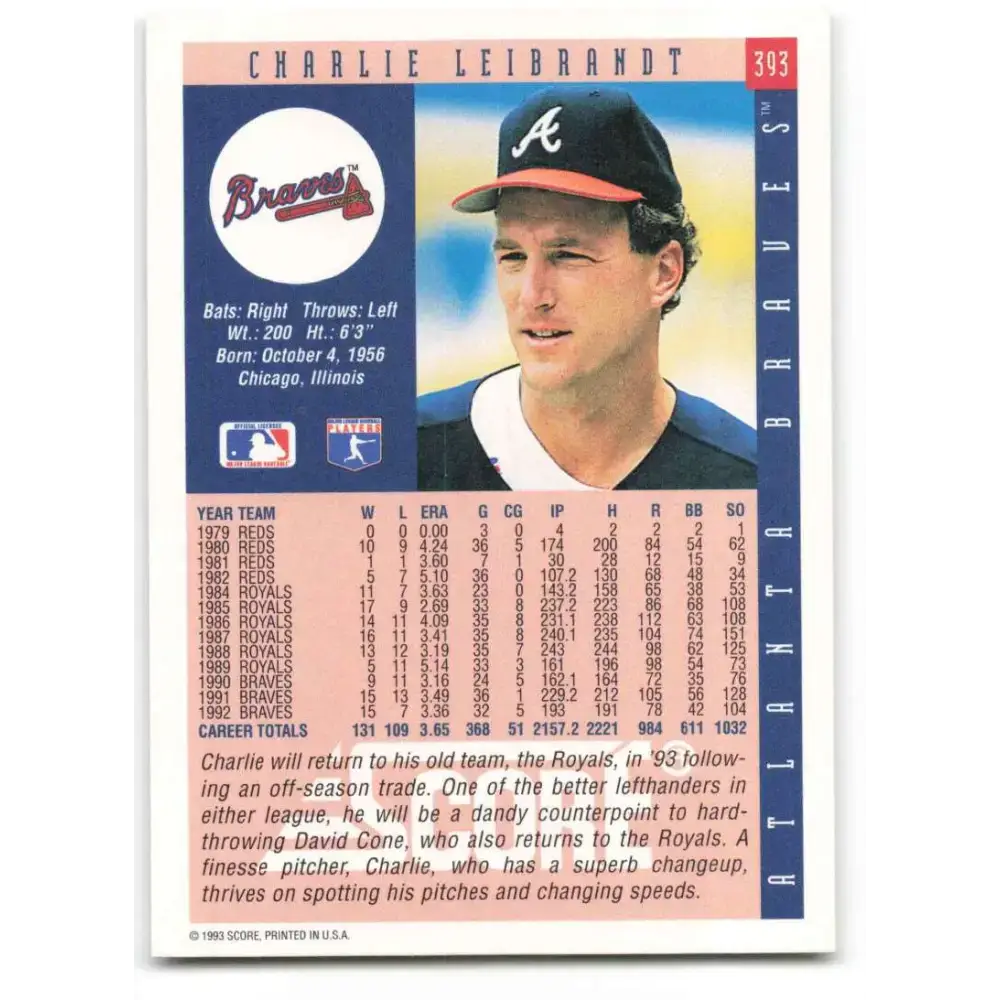1993 Score #393 Charlie Leibrandt NM-MT Atlanta Braves Baseball Card - Baseball Card Single