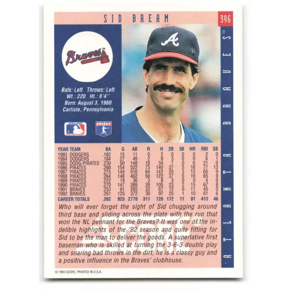 1993 Score #396 Sid Bream NM-MT Atlanta Braves Baseball Card - Baseball Card Single