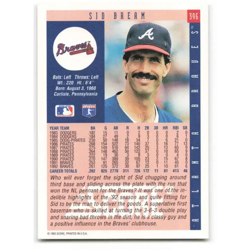 1993 Score #396 Sid Bream NM-MT Atlanta Braves Baseball Card - Baseball Card Single
