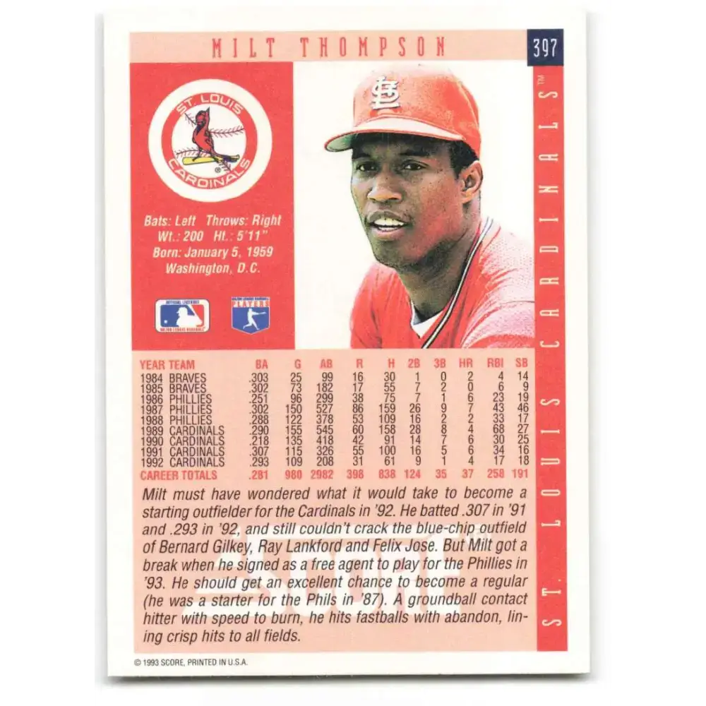 1993 Score #397 Milt Thompson NM-MT St. Louis Cardinals Baseball Card - Baseball Card Single
