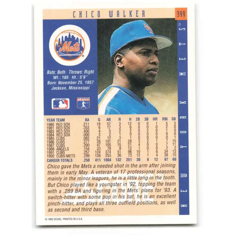 1993 Score #399 Chico Walker NM-MT New York Mets Baseball Card - Baseball Card Single