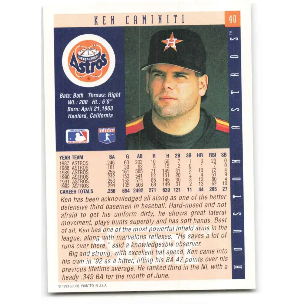 1993 Score #40 Ken Caminiti NM-MT Houston Astros Baseball Card - Baseball Card Single