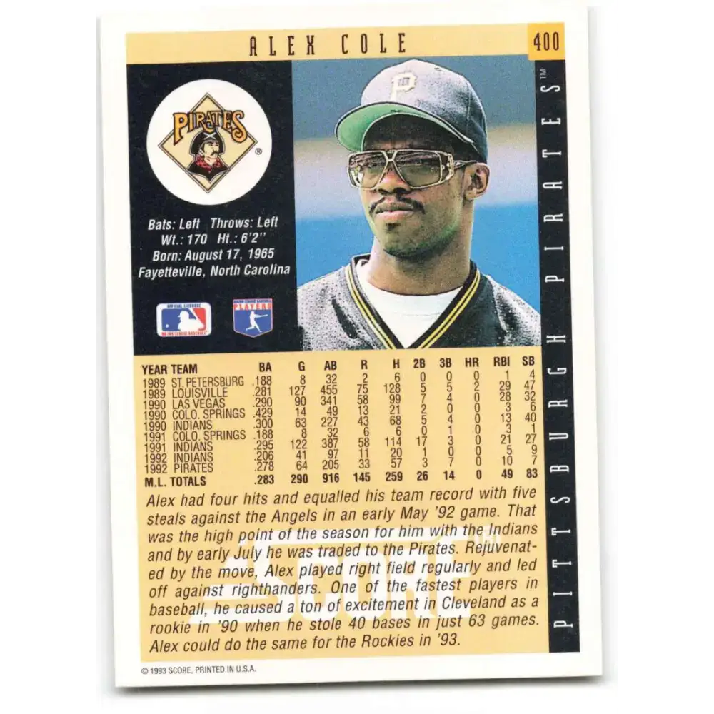 1993 Score #400 Alex Cole NM-MT Pittsburgh Pirates Baseball Card - Baseball Card Single