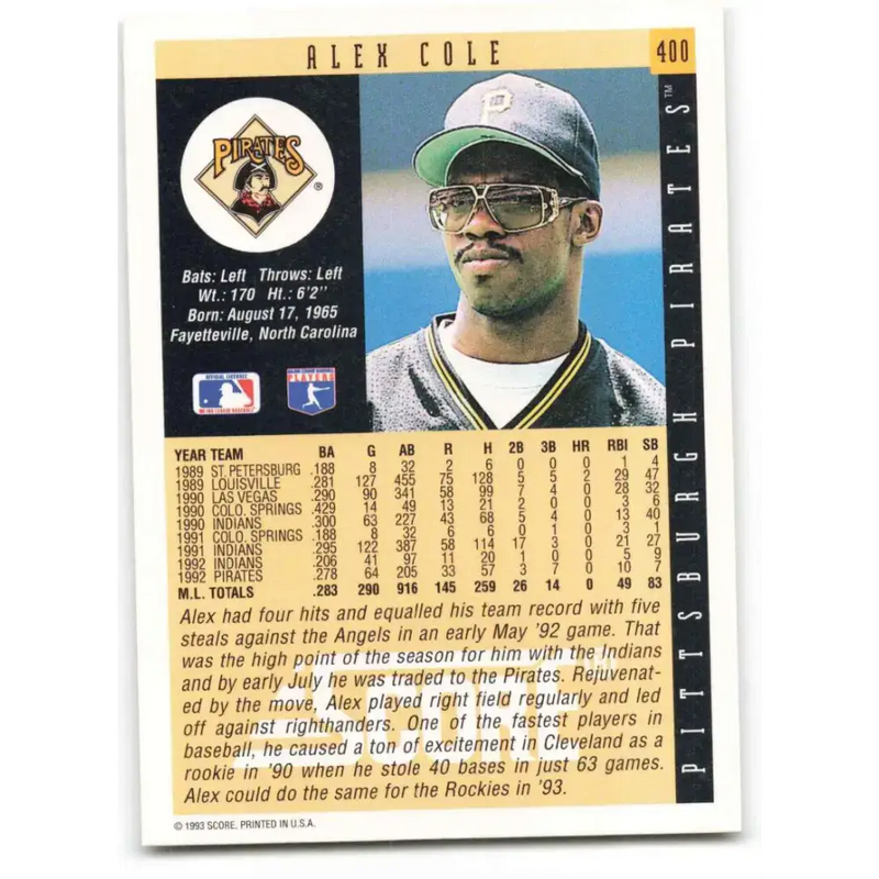 1993 Score #400 Alex Cole NM-MT Pittsburgh Pirates Baseball Card - Baseball Card Single