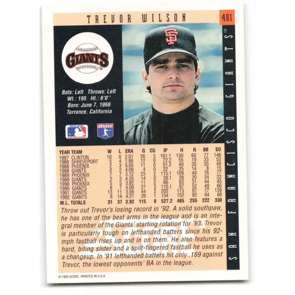 1993 Score #401 Trevor Wilson NM-MT San Francisco Giants Baseball Card - Baseball Card Single