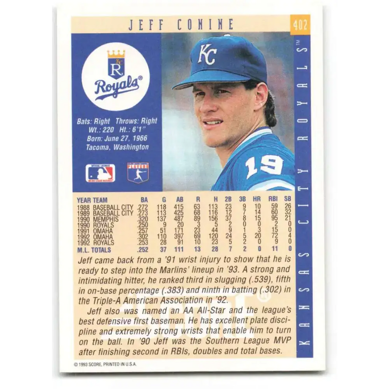 1993 Score #402 Jeff Conine NM-MT Kansas City Royals Baseball Card - Baseball Card Single