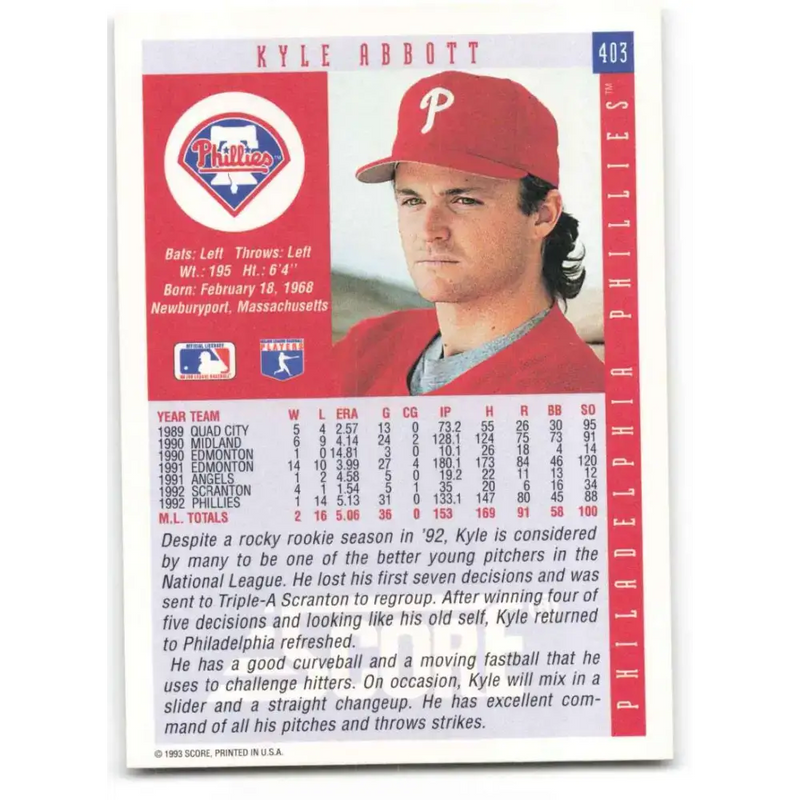 1993 Score #403 Kyle Abbott NM-MT Philadelphia Phillies Baseball Card - Baseball Card Single