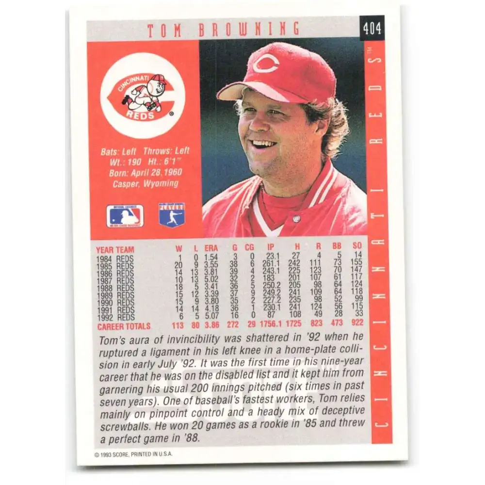 1993 Score #404 Tom Browning NM-MT Cincinnati Reds Baseball Card - Baseball Card Single
