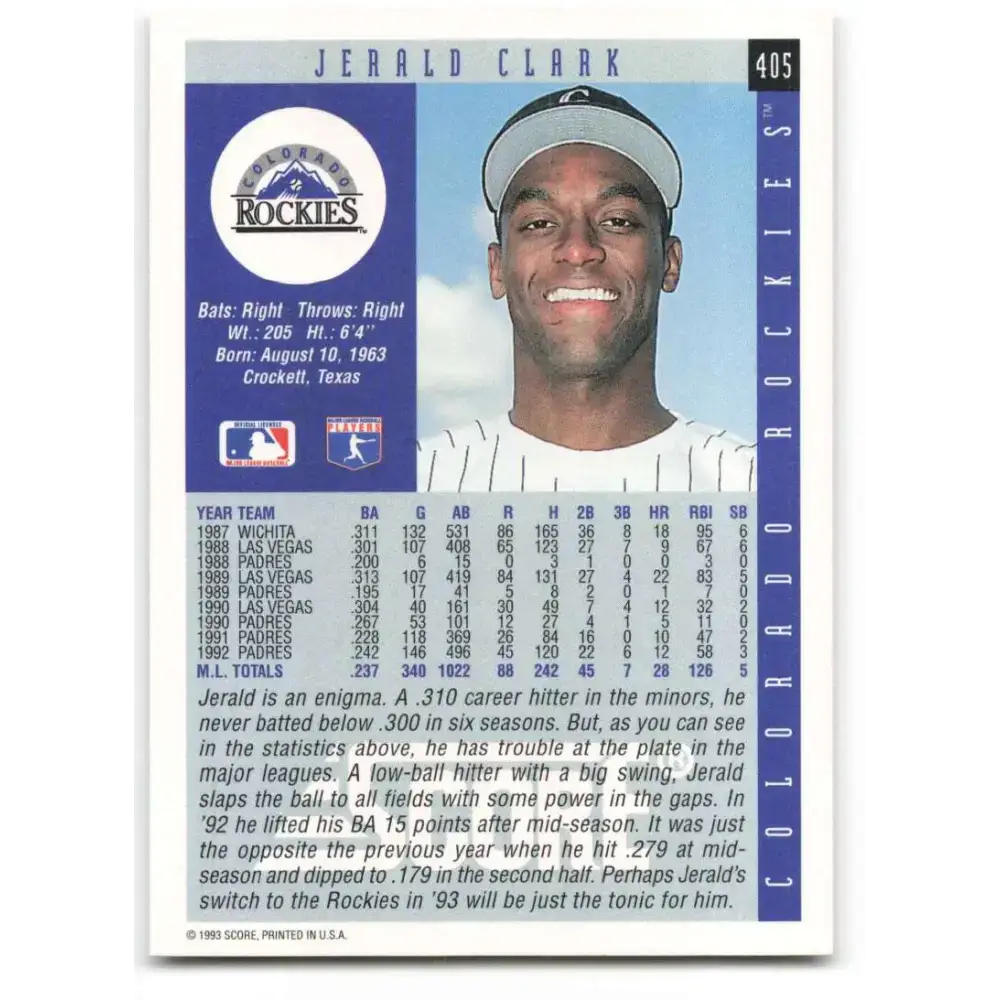 1993 Score #405 Jerald Clark NM-MT Colorado Rockies Baseball Card - Baseball Card Single