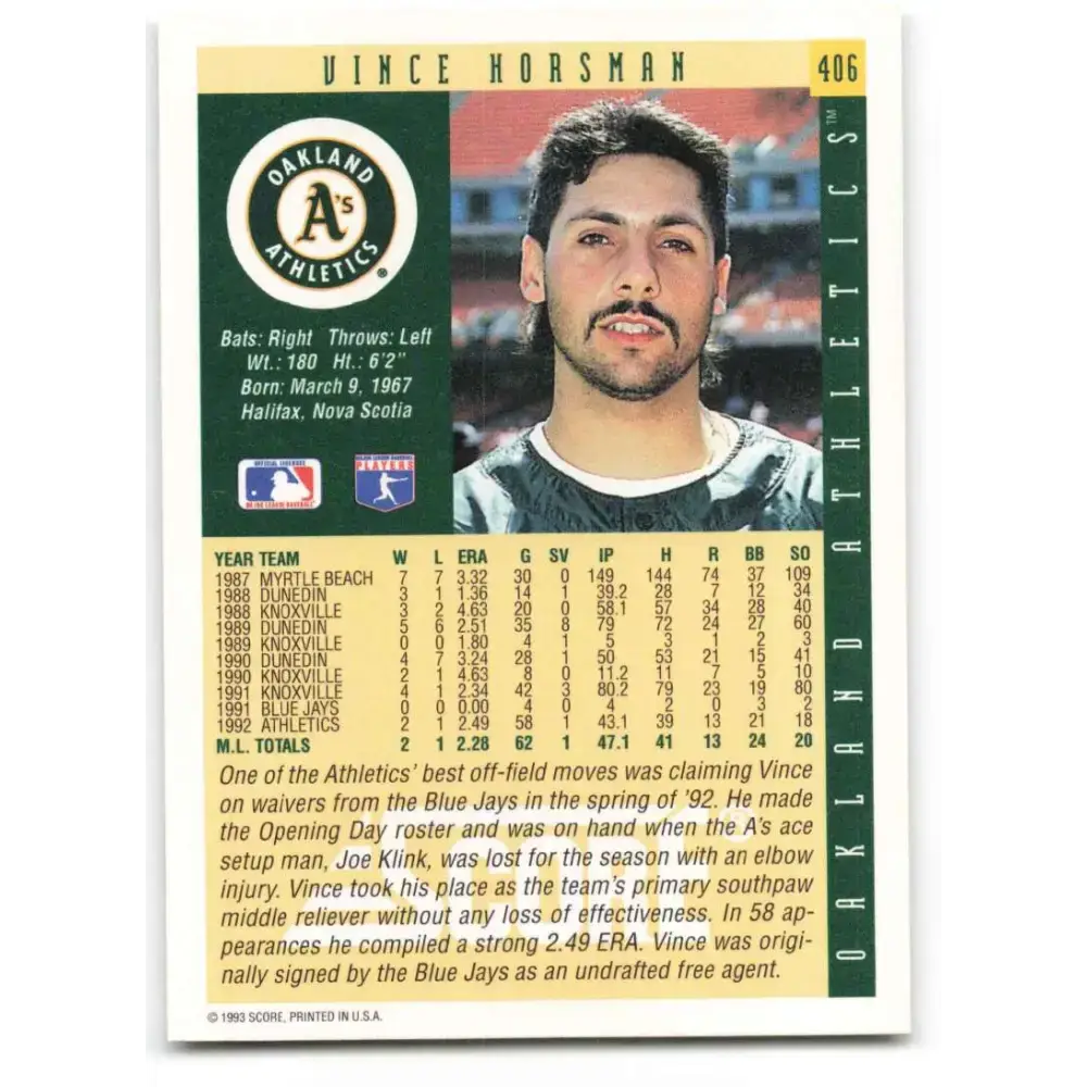 1993 Score #406 Vince Horsman NM-MT Oakland Athletics Baseball Card - Baseball Card Single