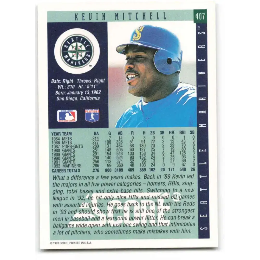 1993 Score #407 Kevin Mitchell NM-MT Seattle Mariners Baseball Card - Baseball Card Single