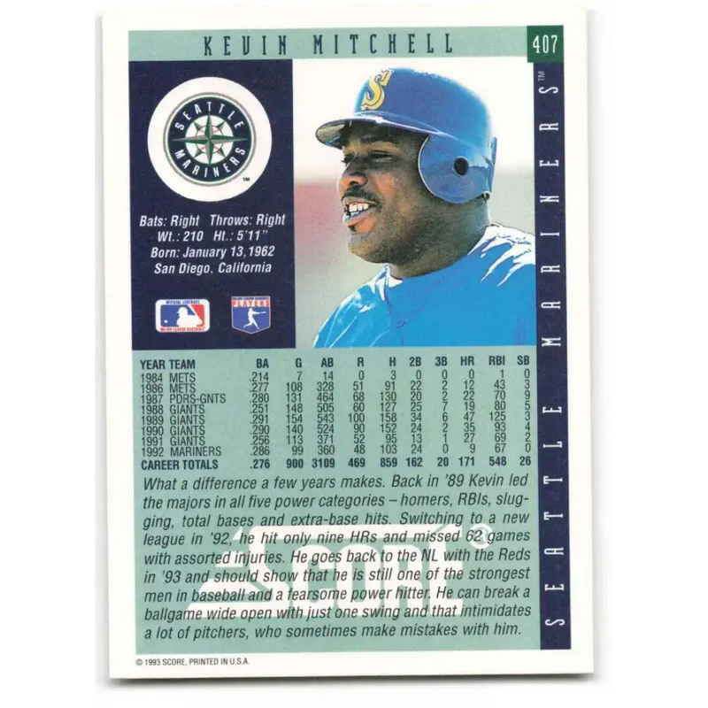 1993 Score #407 Kevin Mitchell NM-MT Seattle Mariners Baseball Card - Baseball Card Single