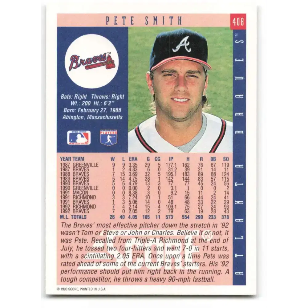 1993 Score #408 Pete Smith NM-MT Atlanta Braves Baseball Card - Baseball Card Single