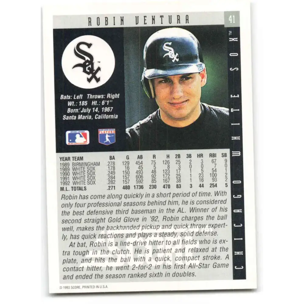 1993 Score #41 Robin Ventura NM-MT Chicago White Sox Baseball Card - Baseball Card Single