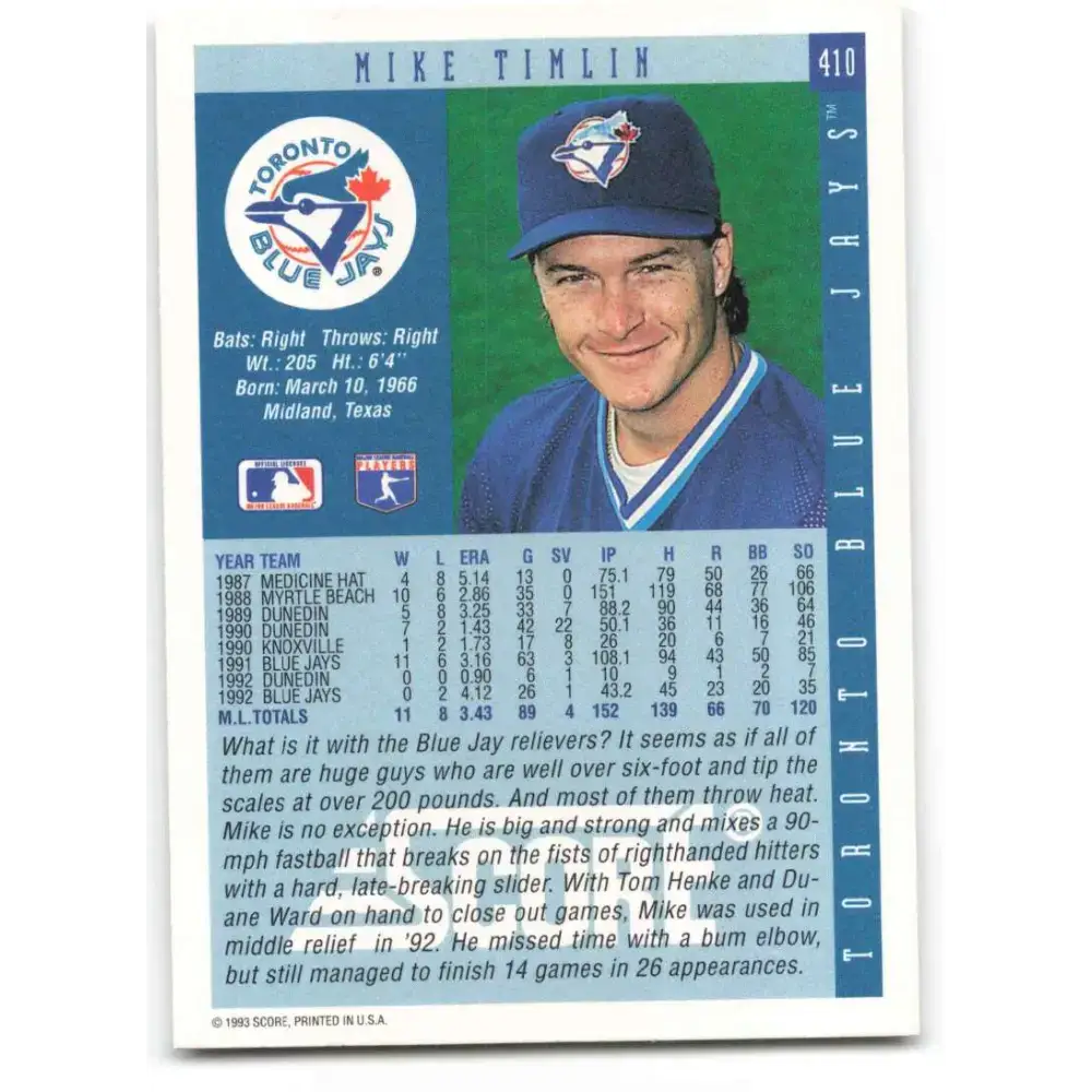 1993 Score #410 Mike Timlin NM-MT Toronto Blue Jays Baseball Card - Baseball Card Single