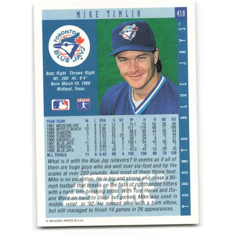 1993 Score #410 Mike Timlin NM-MT Toronto Blue Jays Baseball Card - Baseball Card Single