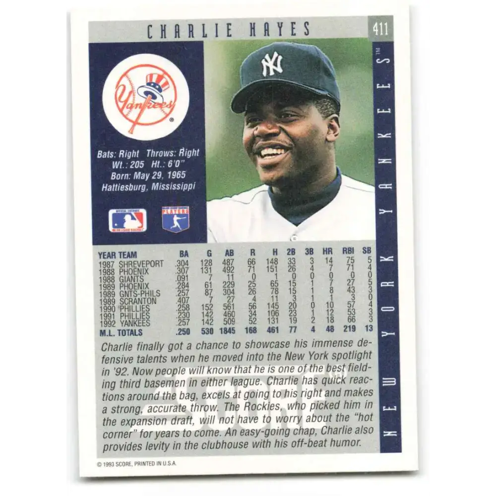 1993 Score #411 Charlie Hayes NM-MT New York Yankees Baseball Card - Baseball Card Single