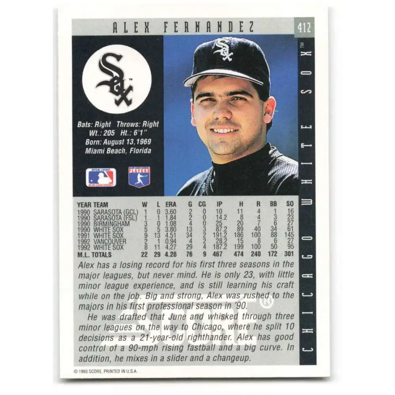 1993 Score #412 Alex Fernandez NM-MT Chicago White Sox Baseball Card - Baseball Card Single