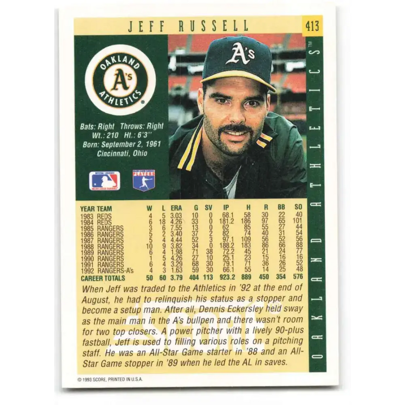 1993 Score #413 Jeff Russell NM-MT Oakland Athletics Baseball Card - Baseball Card Single