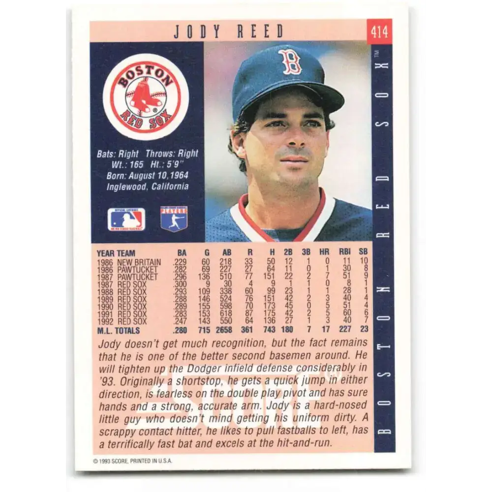 1993 Score #414 Jody Reed NM-MT Boston Red Sox Baseball Card - Baseball Card Single