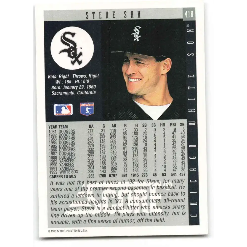1993 Score #418 Steve Sax NM-MT Chicago White Sox Baseball Card - Baseball Card Single